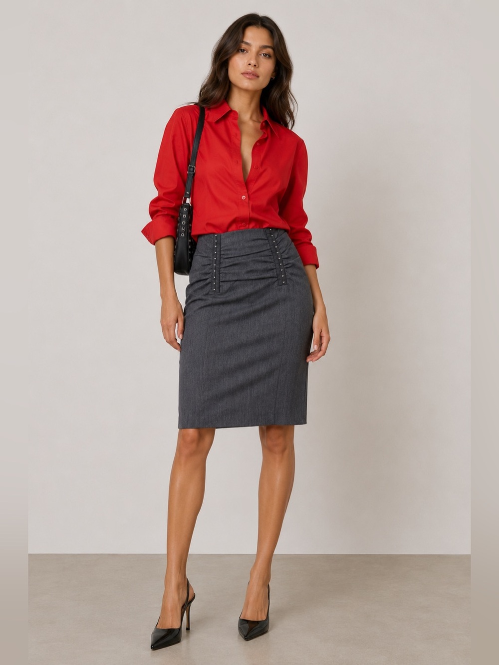 D&G Charcoal Gray Pencil Skirt with Studded Ruching